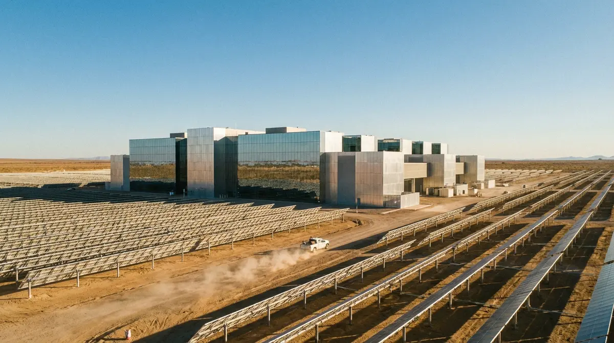 Futuristic data center complex surrounded by solar panels in a desert landscape.