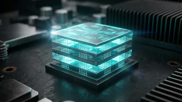 Close-up of vertically stacked high-bandwidth memory module