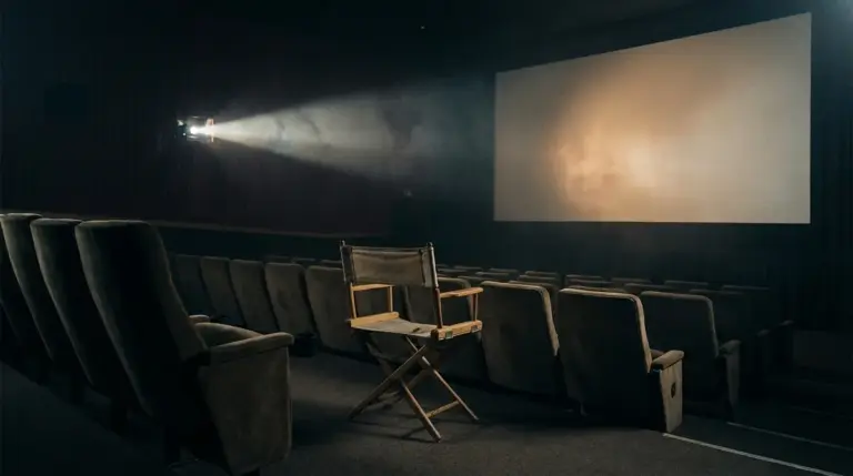 Empty movie theater seats illuminated by a projector beam representing poor box office attendance.