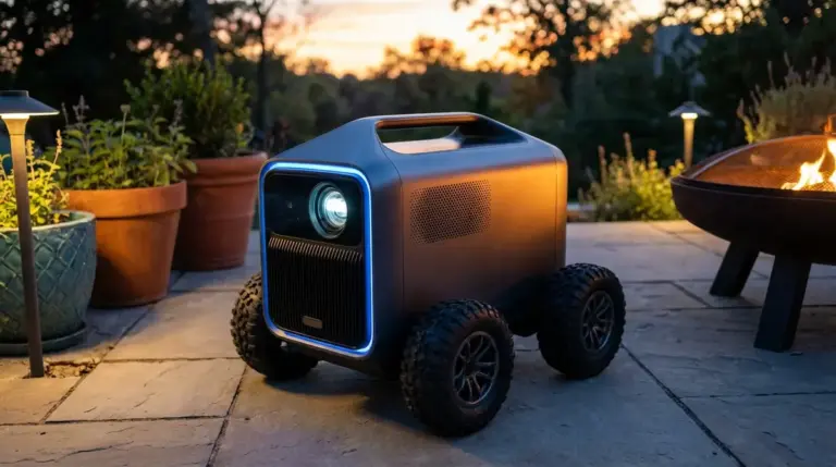 The Soundcore Nebula X1 Pro standing on an outdoor patio at dusk.
