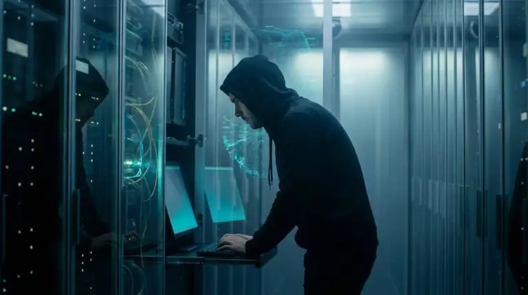 Cybersecurity analyst monitoring data streams in a dark server room