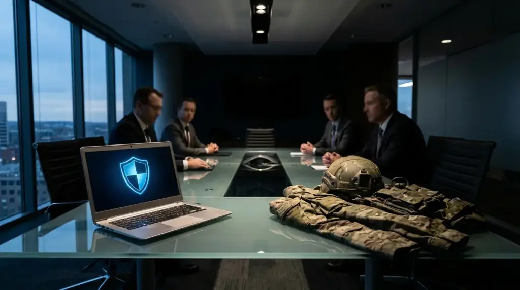 Laptop with security shield facing military gear on a conference table