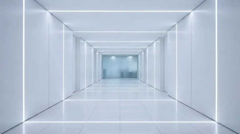 A sterile, symmetrical corporate hallway resembling the Severance set