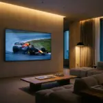 Formula 1 race car displayed on a television screen in a modern living room.