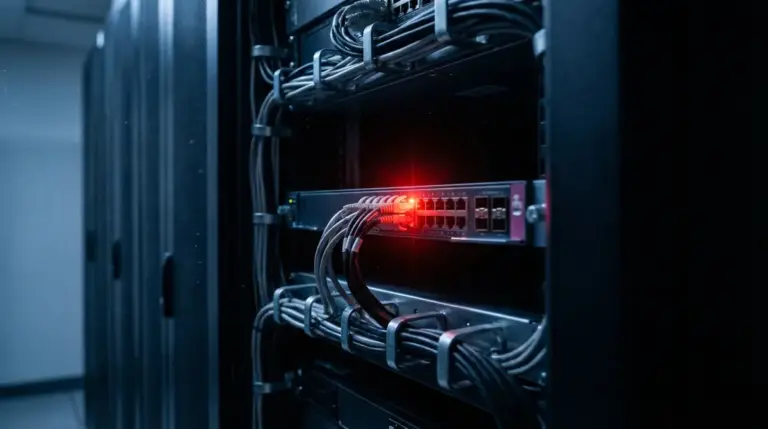 Close up of a server rack with a red warning light in a data center.