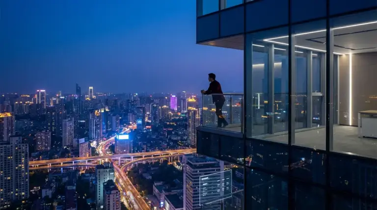A professional looking out at a futuristic city skyline representing career choices.
