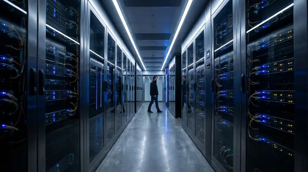Server racks in a modern data center symbolizing AI compute infrastructure.