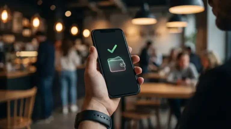Person holding smartphone displaying a digital payment notification in a cafe setting.