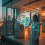 Researcher looking at a holographic brain interface in a high-tech lab