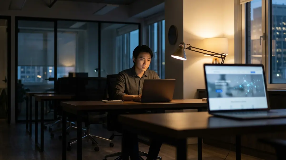 A user watching an AI agent navigate a laptop browser.