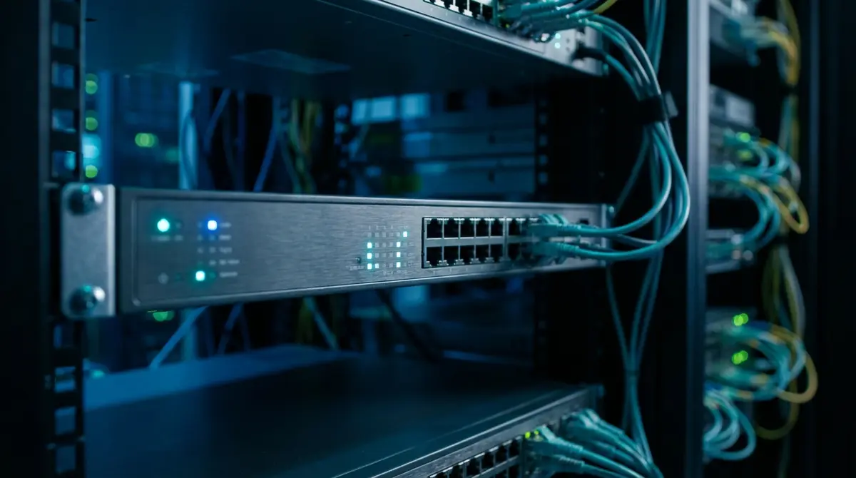 Close-up of a high-end Cisco networking switch in a server rack
