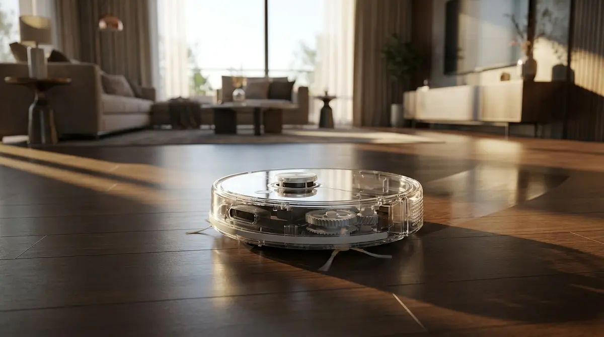 DJI Romo P robot vacuum with transparent casing on a wooden floor