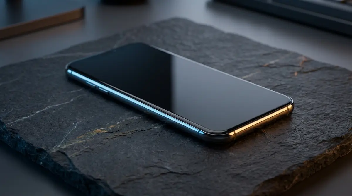 Futuristic smartphone on a dark surface with dramatic dual-tone lighting.
