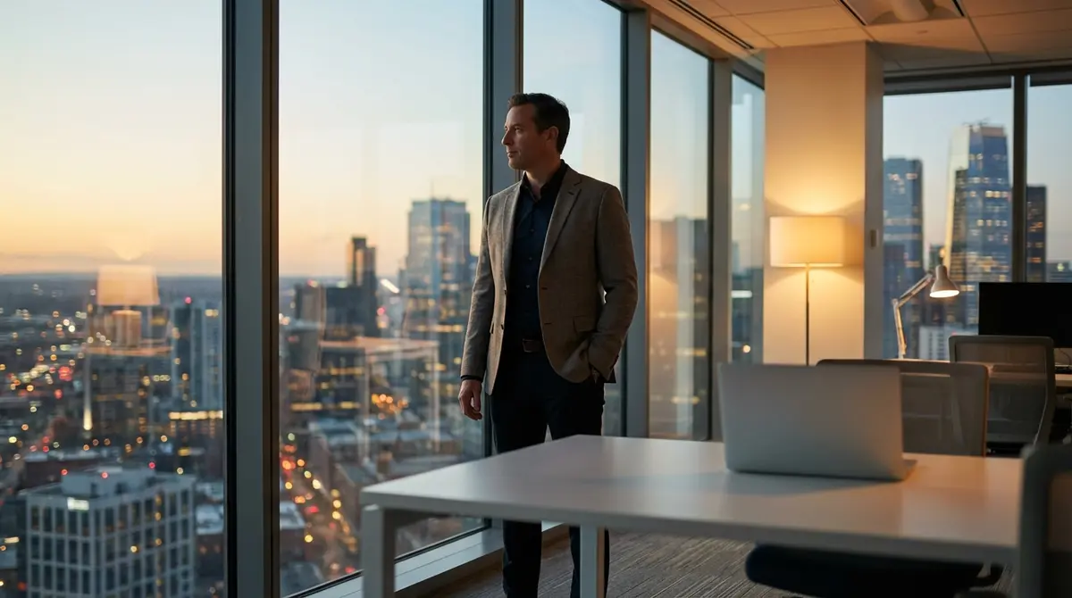 Tech executive overlooking a city skyline representing corporate strategy.