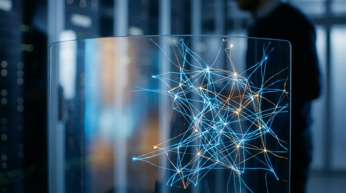 Digital interface showing a secure network of AI agent nodes.