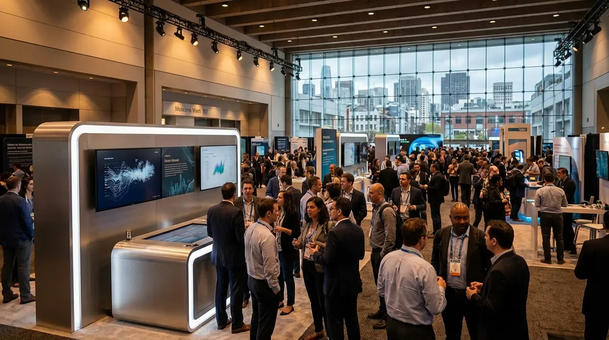 Crowded exhibition floor at a major technology conference in San Francisco.