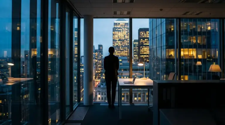 Silhouette of a female executive overlooking a city skyline