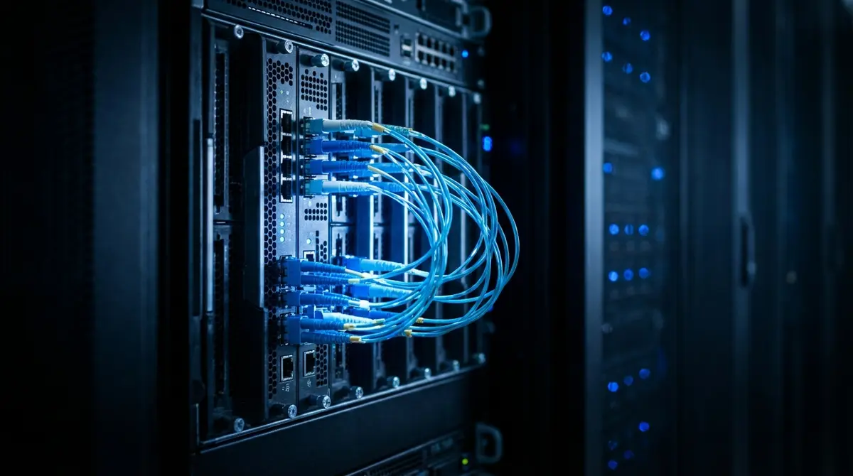 Futuristic server rack with glowing optical fiber connections in a data center.