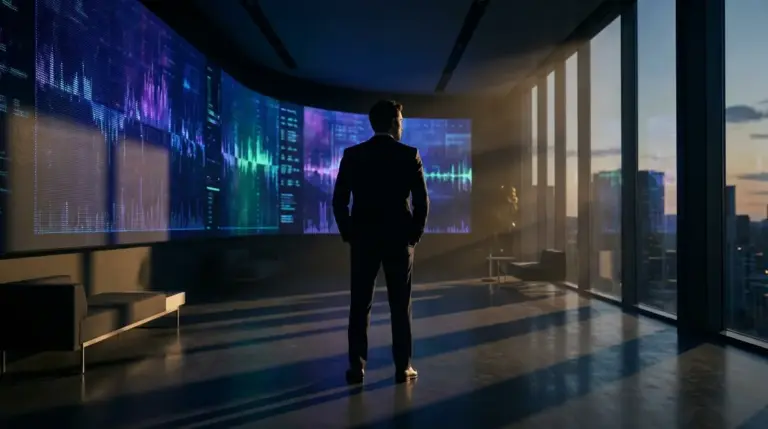 Silhouette of a modern business executive looking at financial data