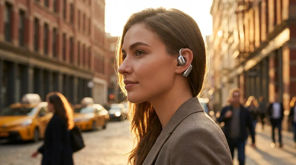 Person wearing open-ear earbuds in a city environment