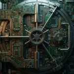 A secure vault door constructed from circuit boards representing the Open Source Endowment.