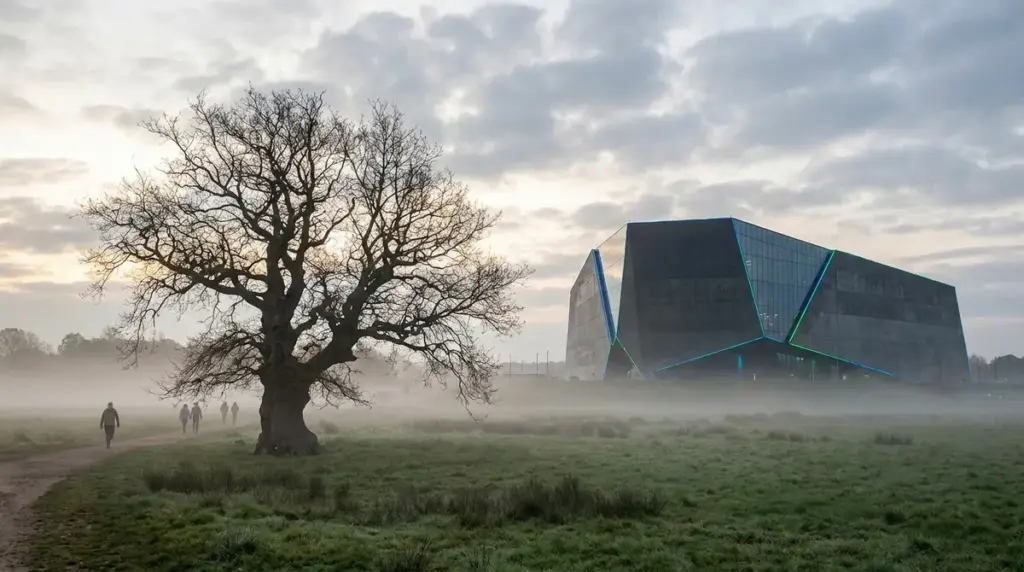 An ancient oak tree juxtaposed against a futuristic data center silhouette in a foggy meadow.