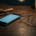Smartphone and glasses on a desk representing journalist surveillance.