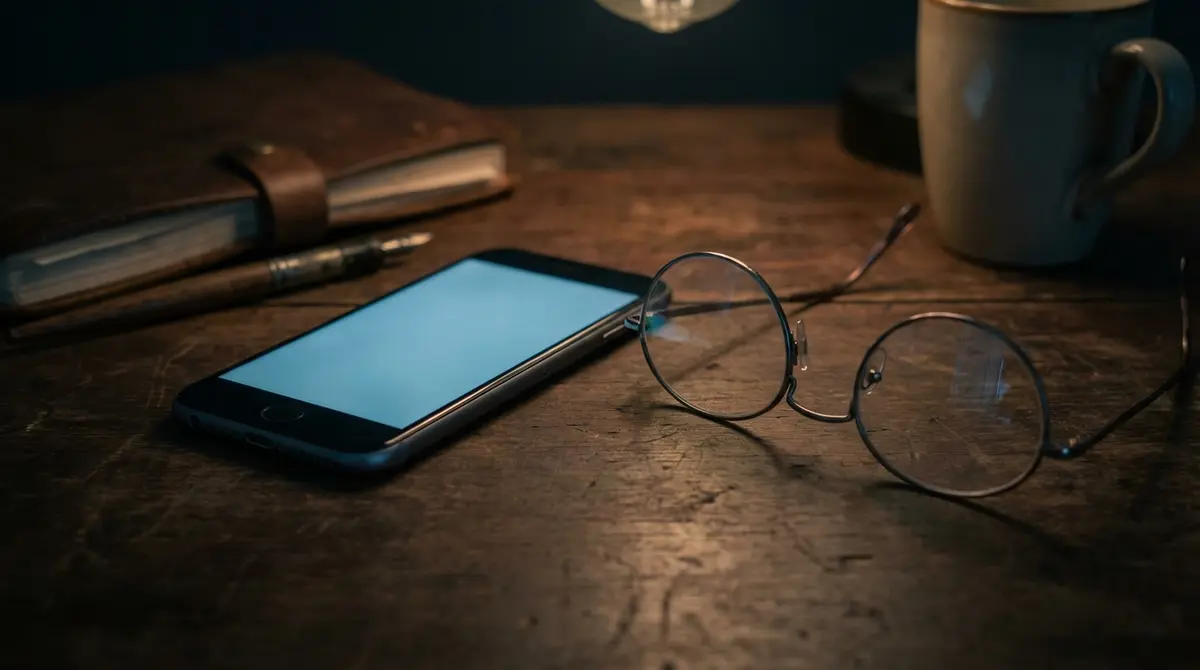 Smartphone and glasses on a desk representing journalist surveillance.
