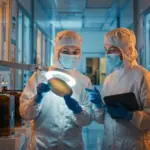 Ricursive Intelligence founders Anna Goldie and Azalia Mirhoseini inspecting a silicon wafer.
