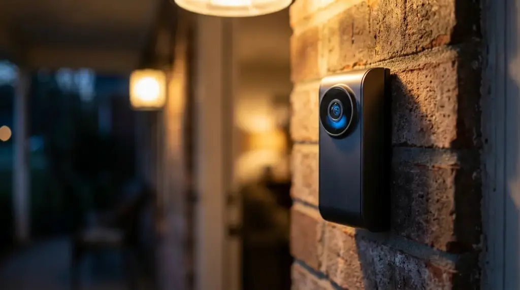 Close-up of a smart video doorbell lens