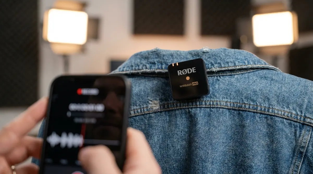 Rode Wireless PRO transmitter clipped to a subject's shirt during a mobile video shoot.