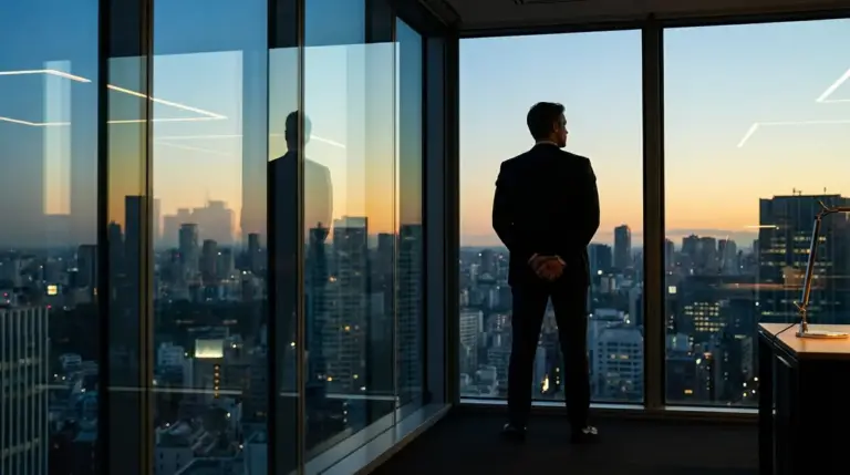 Silhouette of a tech executive overlooking a city skyline