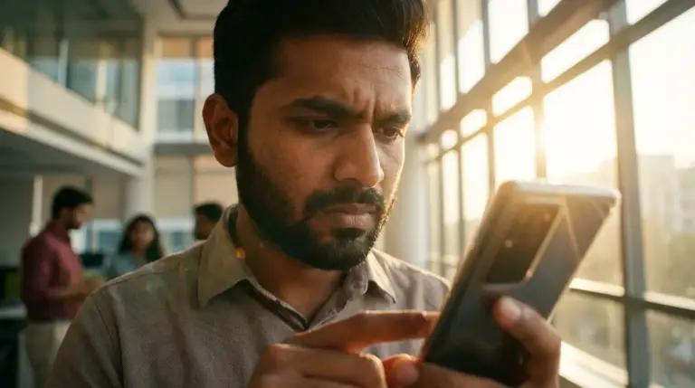 Person using a smartphone in a modern office setting.