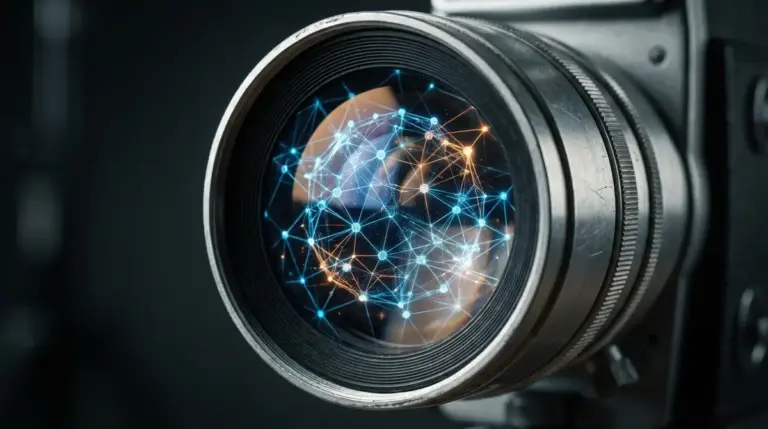 Vintage movie camera lens reflecting digital AI code structure