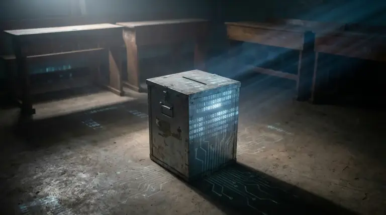 Ballot box illuminated by digital circuit patterns representing AI influence in elections