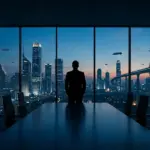 Silhouette of a corporate executive overlooking a city skyline