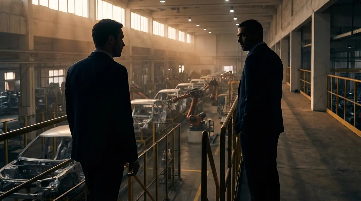 Silhouette of auto executive overlooking factory floor representing Stellantis crisis
