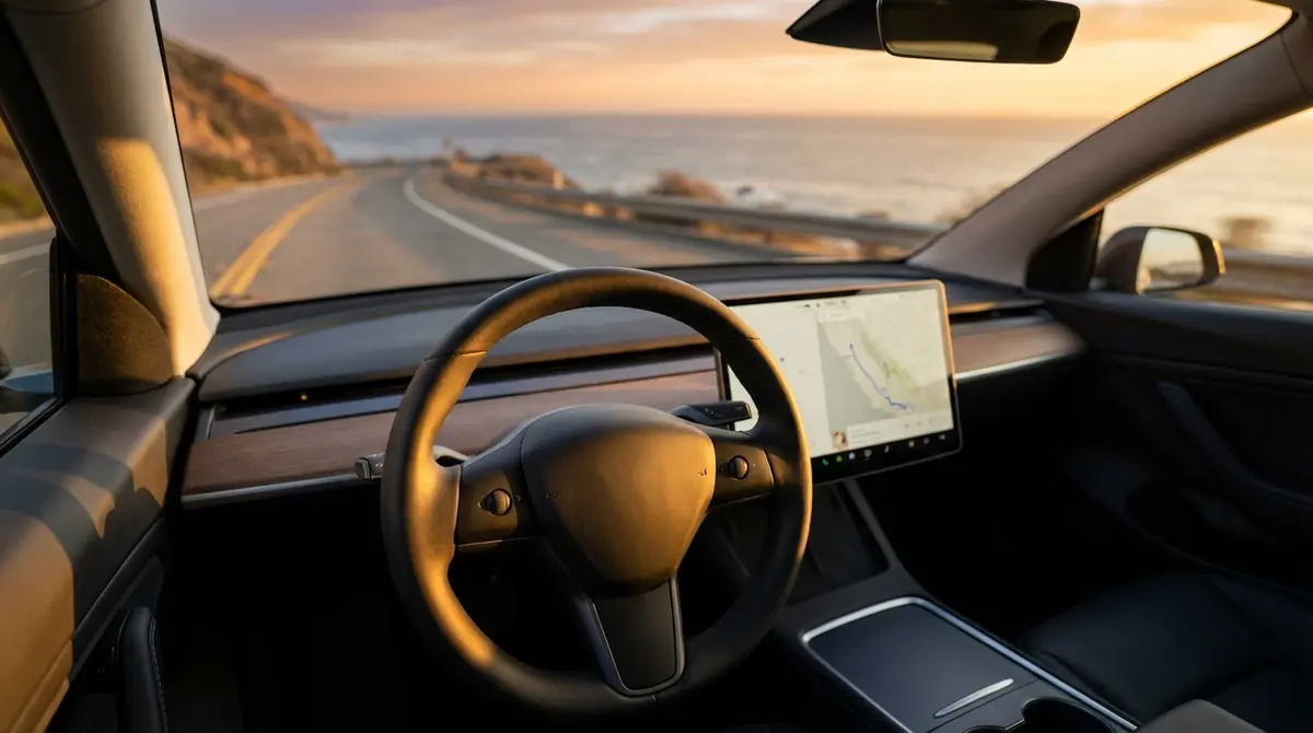 Tesla Model 3 interior view driving on a California highway during sunset.
