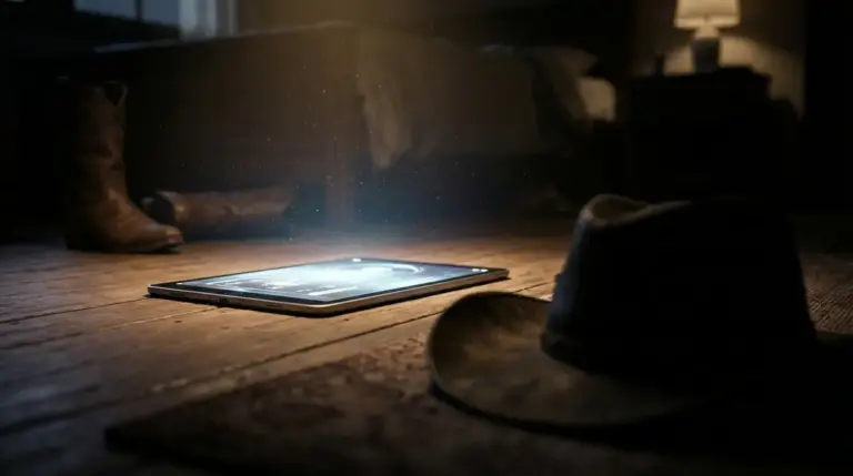 A glowing tablet device on a floor casting light on a toy silhouette