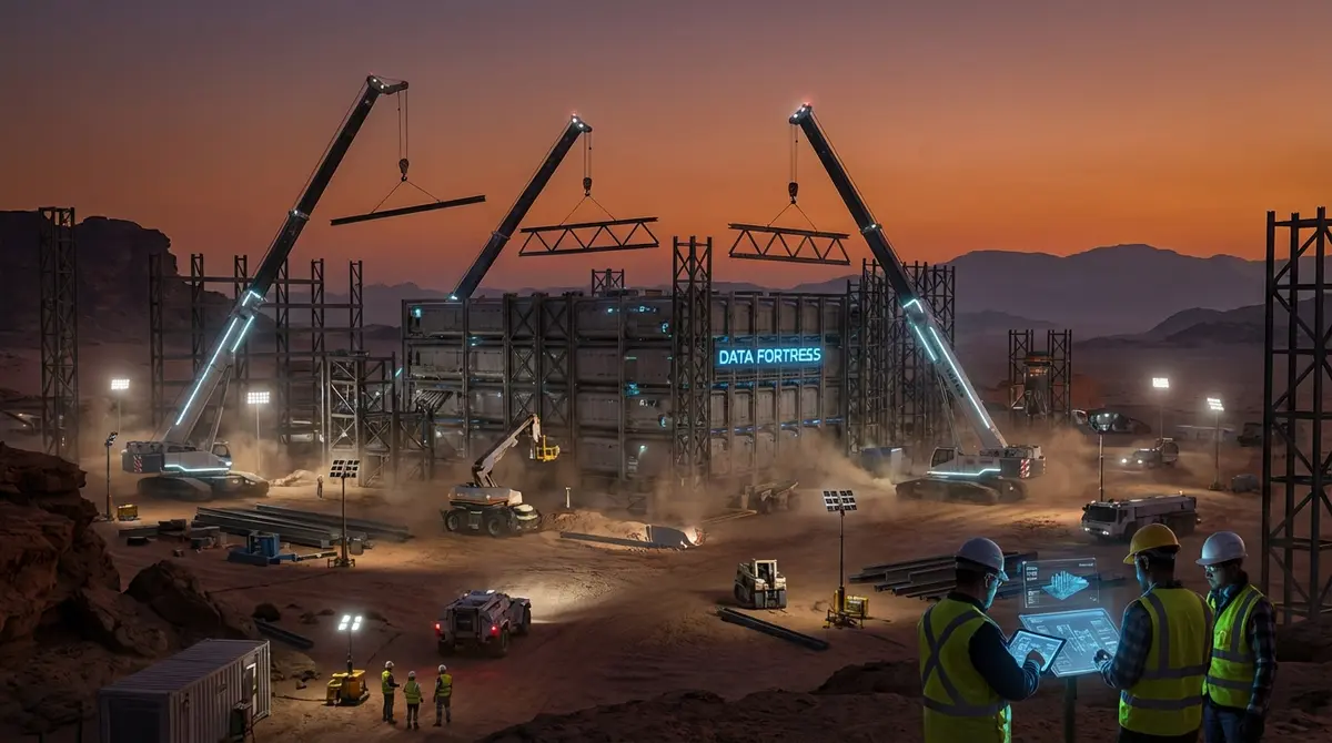 Construction of a massive AI data center infrastructure project at dusk.