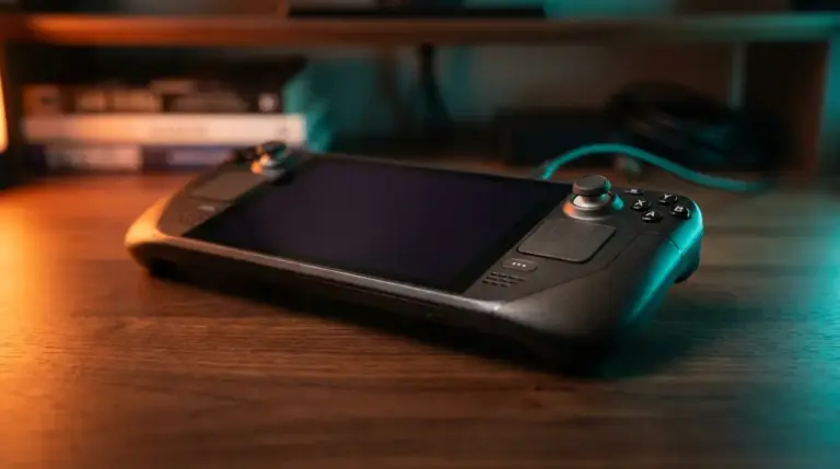 Cinematic close-up of a handheld gaming console in a dimly lit room.