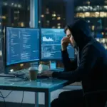 Tech worker experiencing burnout while working late at a computer desk
