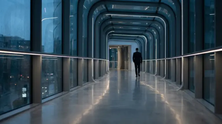 Silhouette of a person leaving a modern tech office corridor