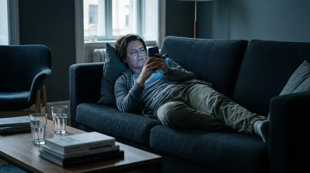 Frustrated user trying to access streaming content on a smartphone in a dark room.