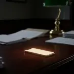 Glowing smartphone on a legal desk surrounded by blurred court documents.