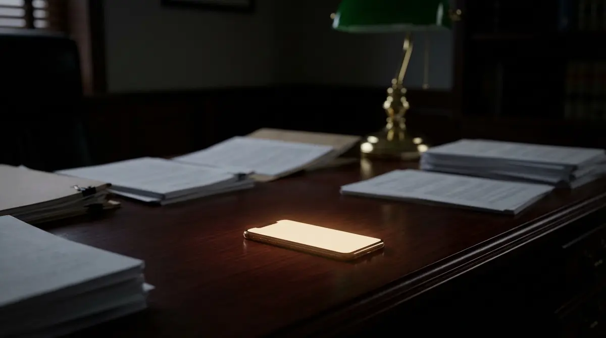 Glowing smartphone on a legal desk surrounded by blurred court documents.