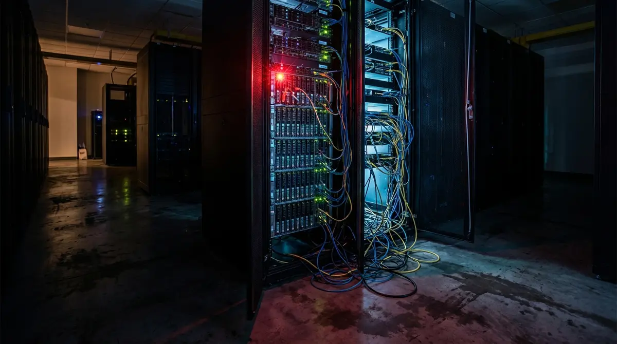 Glowing server rack in a dark data center with a red warning light