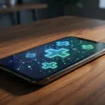 A modern smartphone displaying abstract glowing medical data on a wooden table.