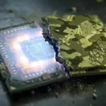 Split computer chip representing the divide between ethical AI and military application.