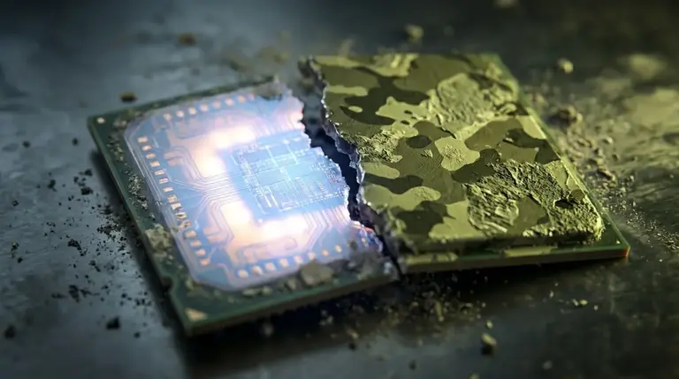 Split computer chip representing the divide between ethical AI and military application.